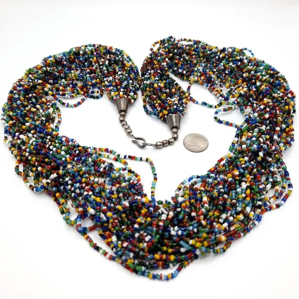 Vintage Multi-strand Glass Bead Necklace, Bohemian 28 Strands, 33 Inches